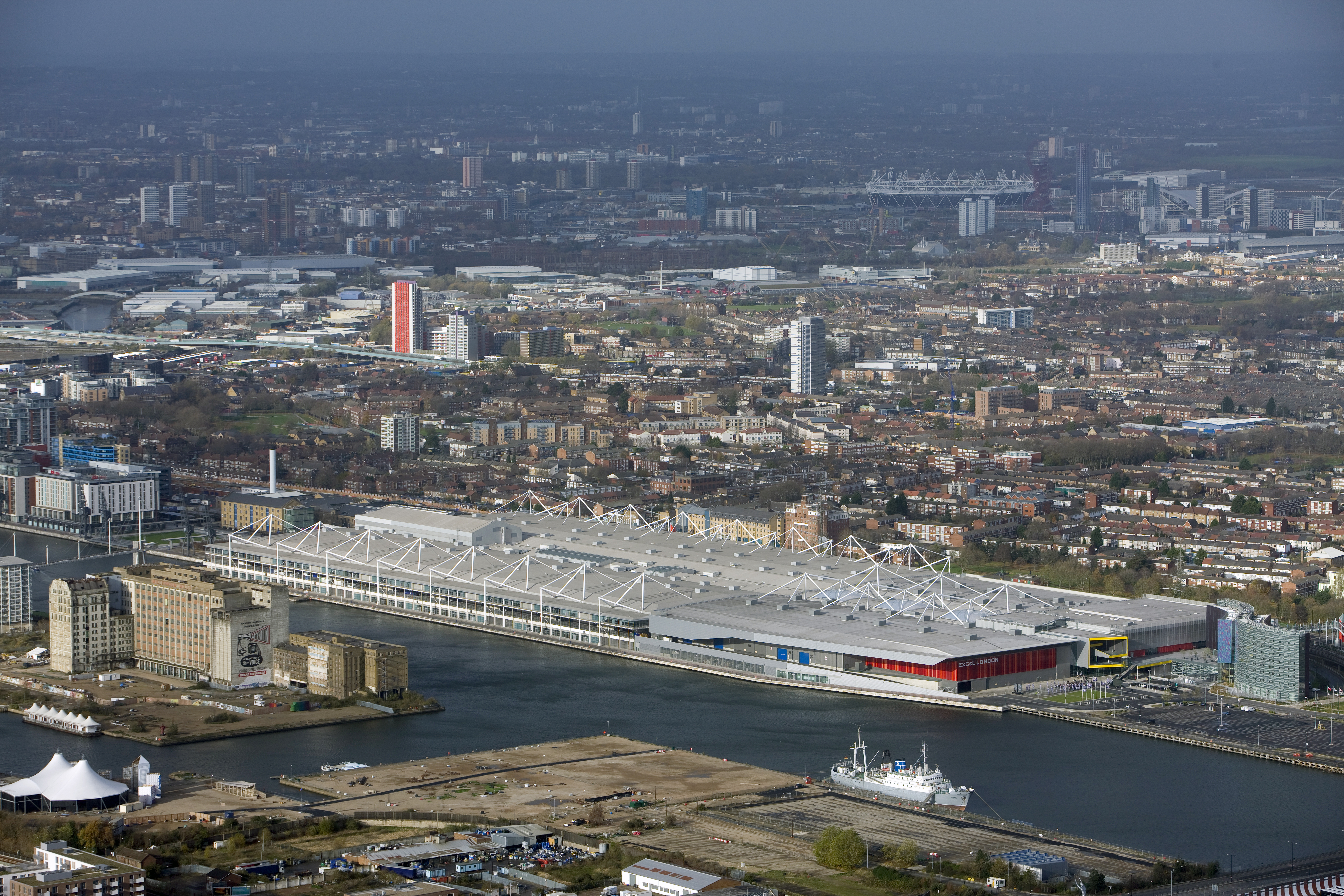 Aerial view of the exterior of ExCel London