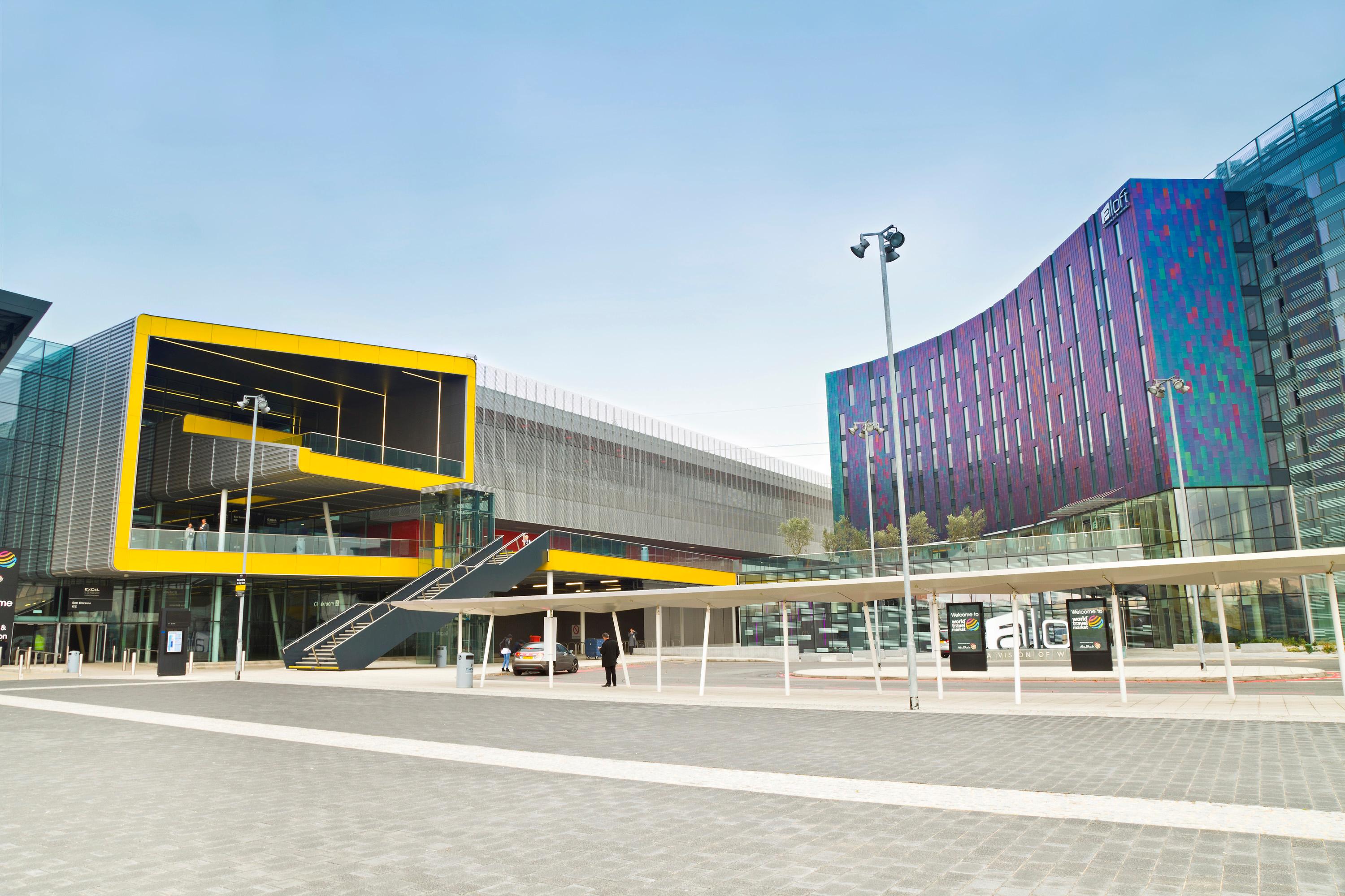 Ground level view of external halls of ExCel London