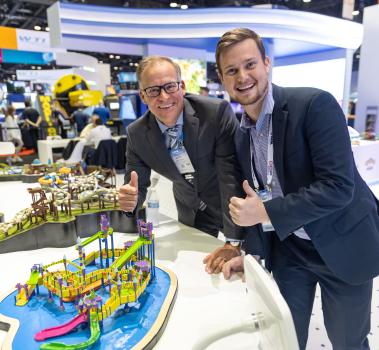 Scale models of the customized RideHOUSEs waterplay area from ProSlides and SeaWorld seen at IAAPA Expo 2023