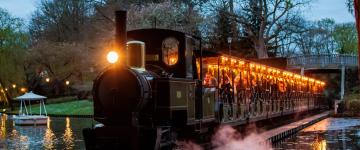 A train at Efteling that operates with electric power rolls down the tracks.