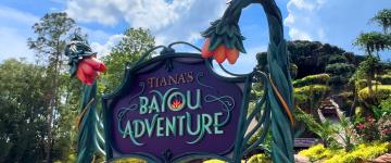Tiana's Bayou Adventure signage at Walt Disney World's Magic Kingdom