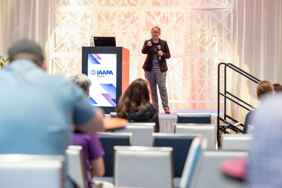Laura Iles, chief operating officer at Integrated Insight, interacts with the audience who were asking questions during EDUSession at IAAPA Expo 2023