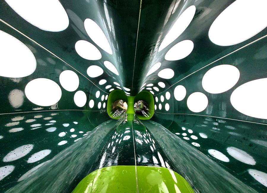 A view of the inside one of the enclosed flumes of ProSlide's installation at Wilderness Resort