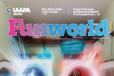 Funworld magazine cover for July-August 2024 issue, featuring an edited photo of Meow Wolf immersive art exhibit